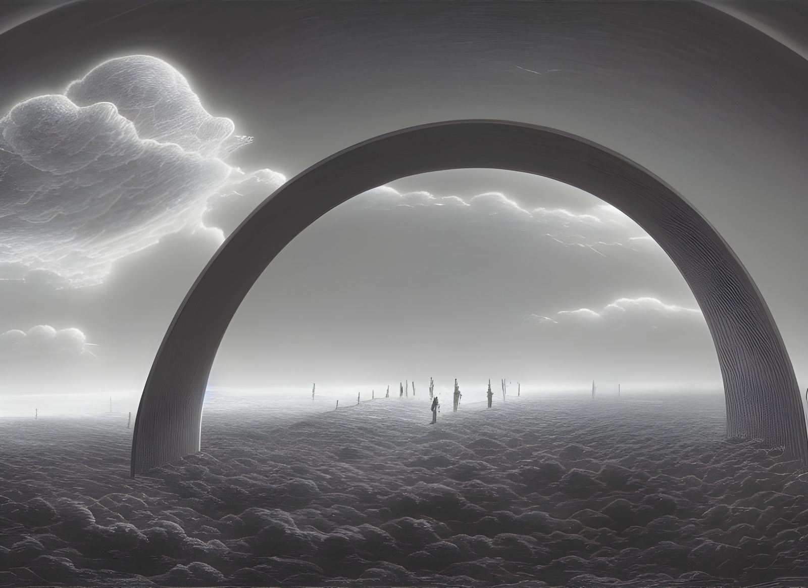 Figure on Metal Arch in Surreal Landscape