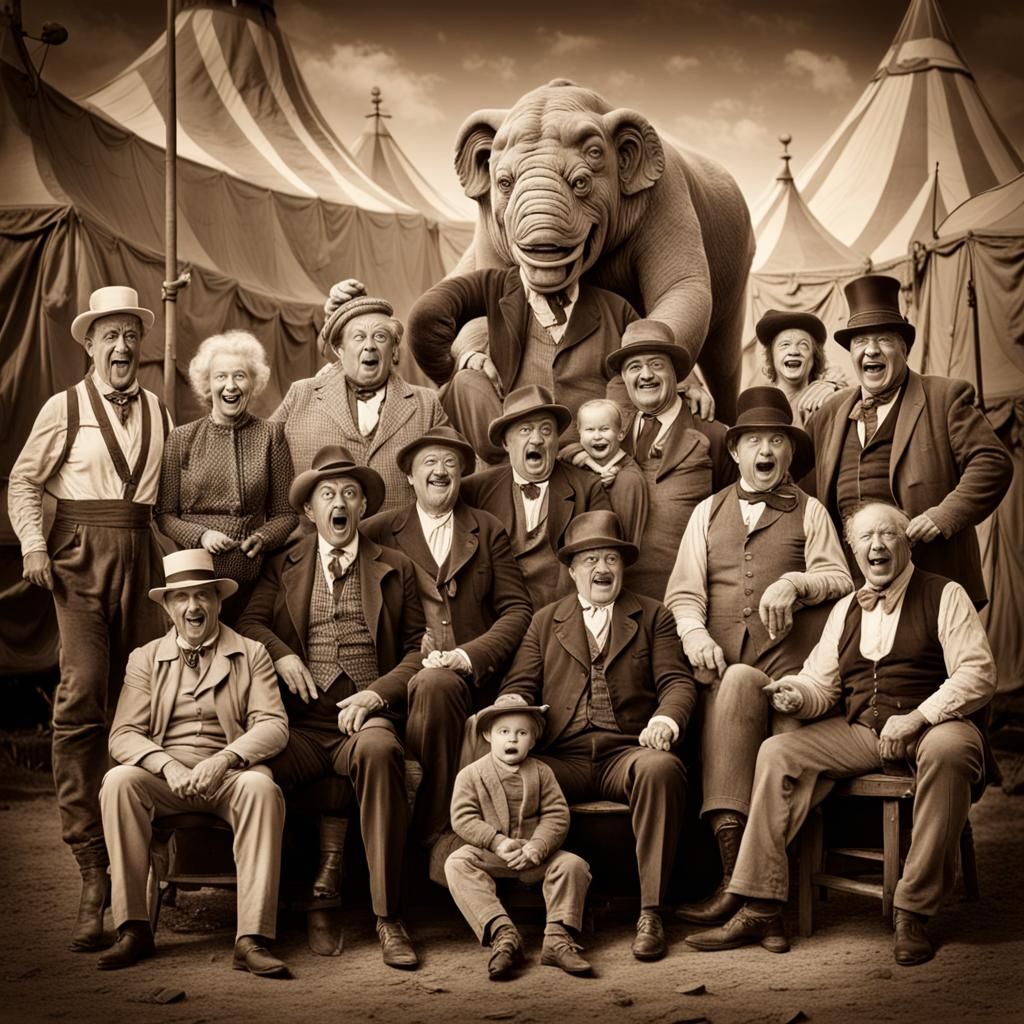 Vintage Circus Scene with Wacky People in Sepia