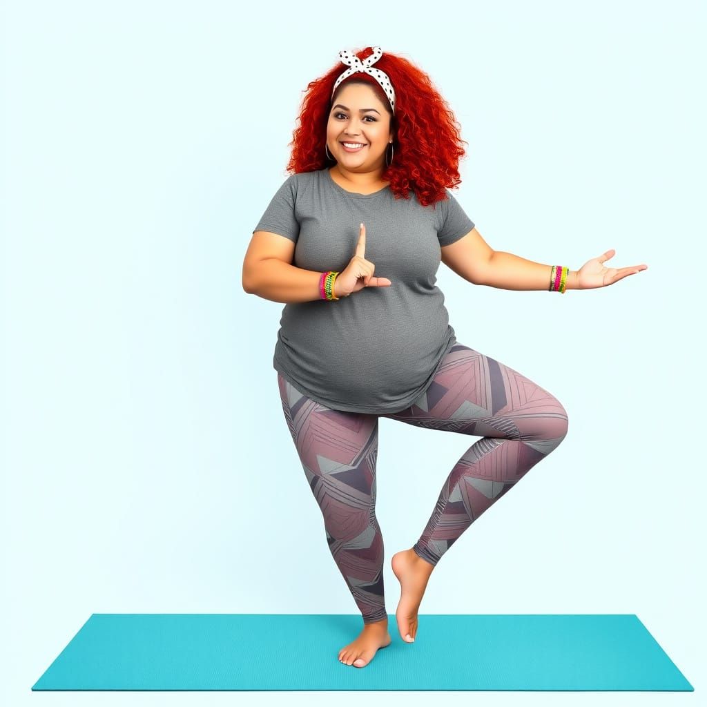 Playful Plus-Size Woman in Yoga Pose: Digital Art