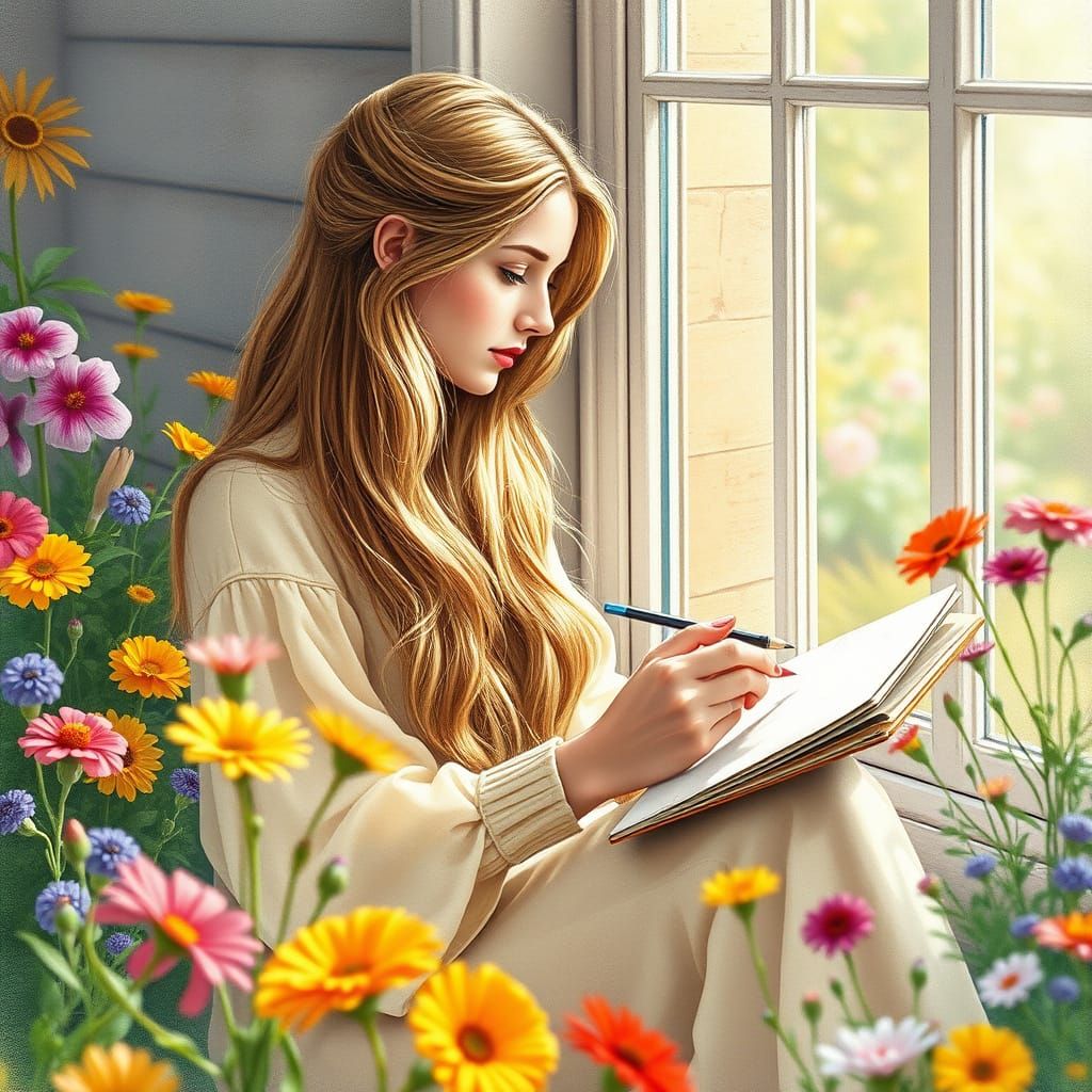 Nordic Woman Sketching in Sunlit Garden: Watercolor Style