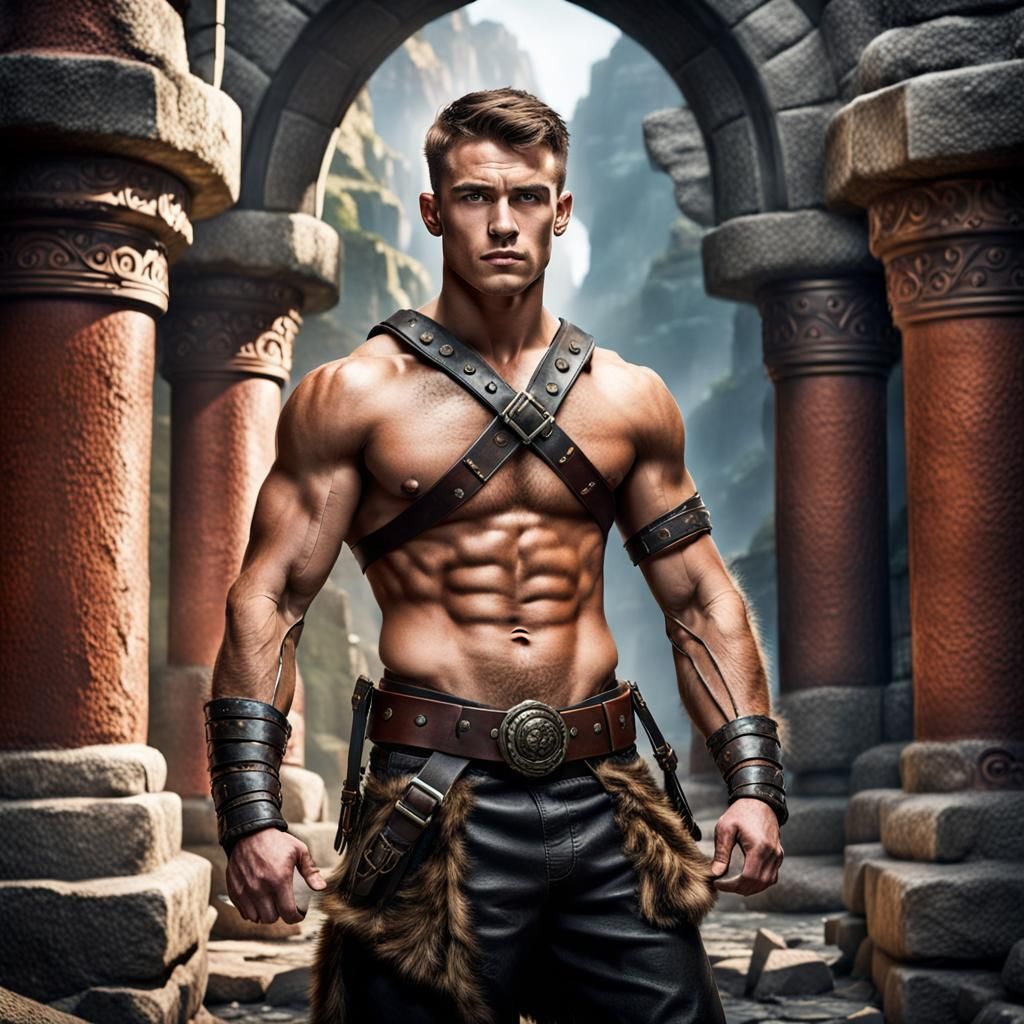Masculine Warrior with Leather Straps in Fantasy Setting