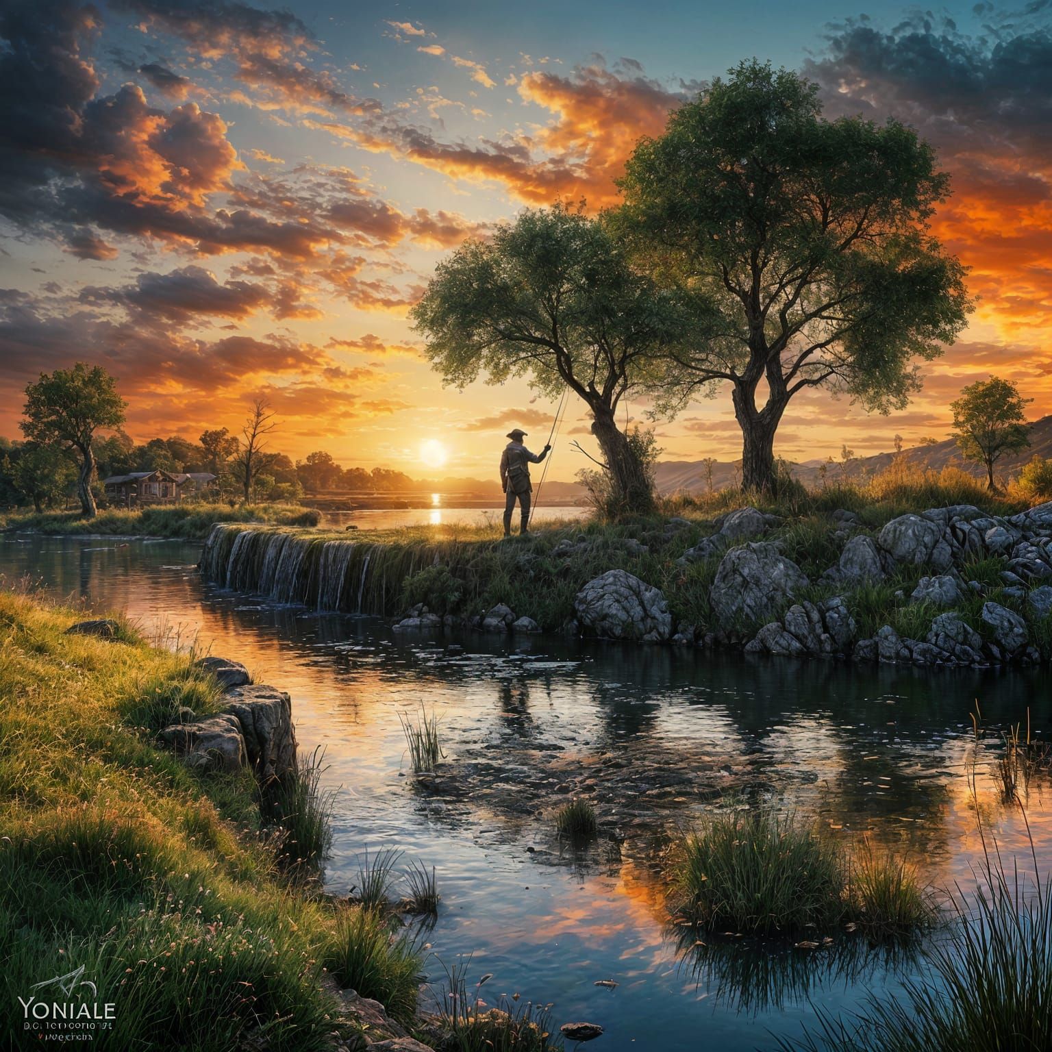 Sunset Fisherman Silhouette in Pre-Raphaelite Style