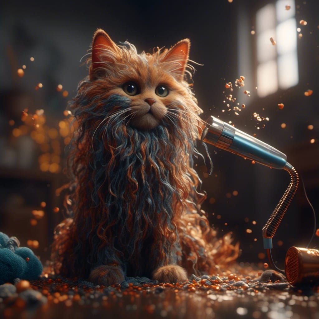 Cat Drying Fur with Hairdryer in Detailed Matte Painting
