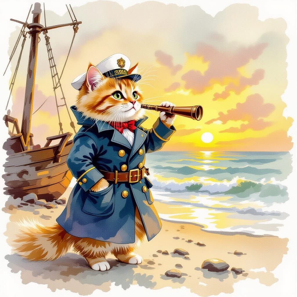Cat Captain on Beach with Shipwreck, Watercolor Style