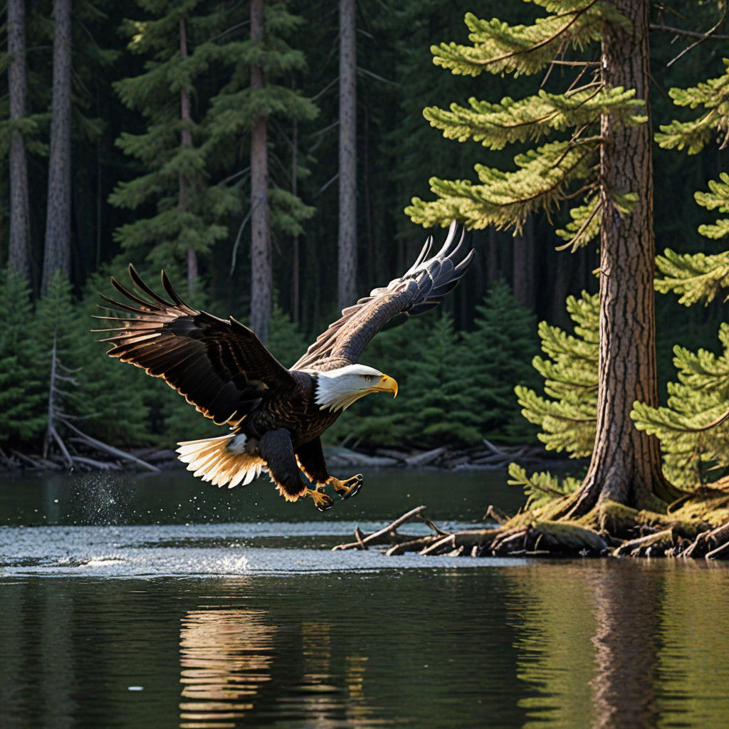 Bald Eagle in Pine Tree Forest Catching Salmon