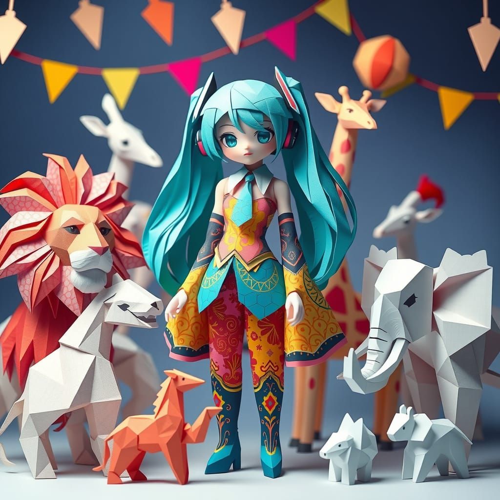 Cubist Masterpiece of Whimsical Zoo Creatures and Hatsune Mi...