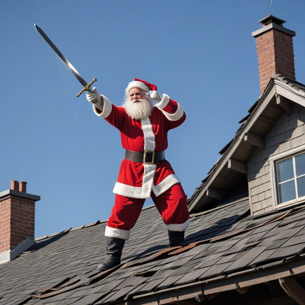 Santa Claus Crashes Through Roof with Sword in Hand