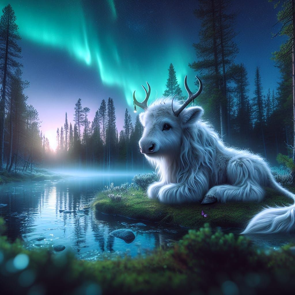Hybrid Moose Buffalo Deer Under Northern Lights