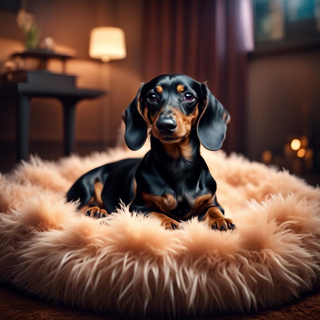 Dachshund on Dog Bed: Hyperrealistic Close-Up Art