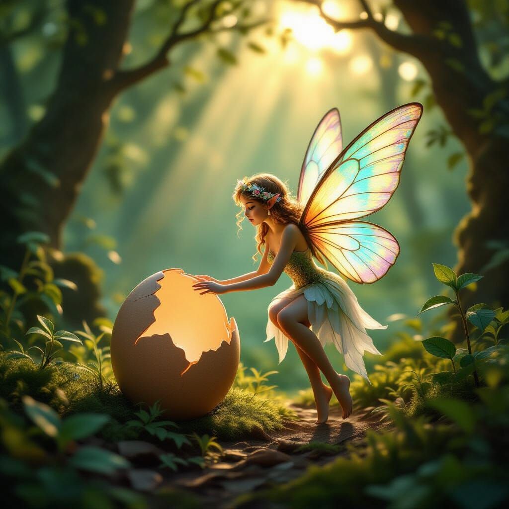 Ethereal Fairy Beside Cracked Egg in Enchanted Forest