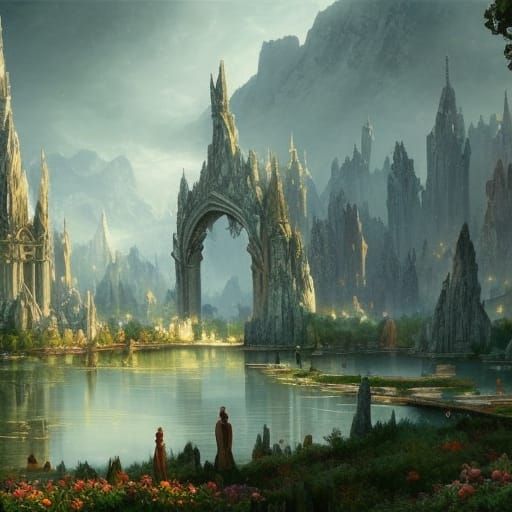 Elven City of Marble and Roses in Golden Sunlight