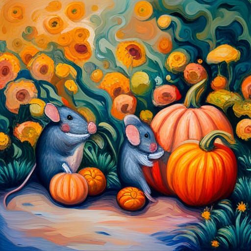 Mice Frolic in Pumpkin Patch: Impressionist Oil Painting
