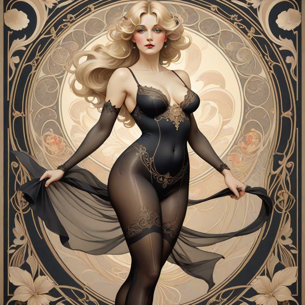 Art Nouveau Blonde Woman in Pantyhose