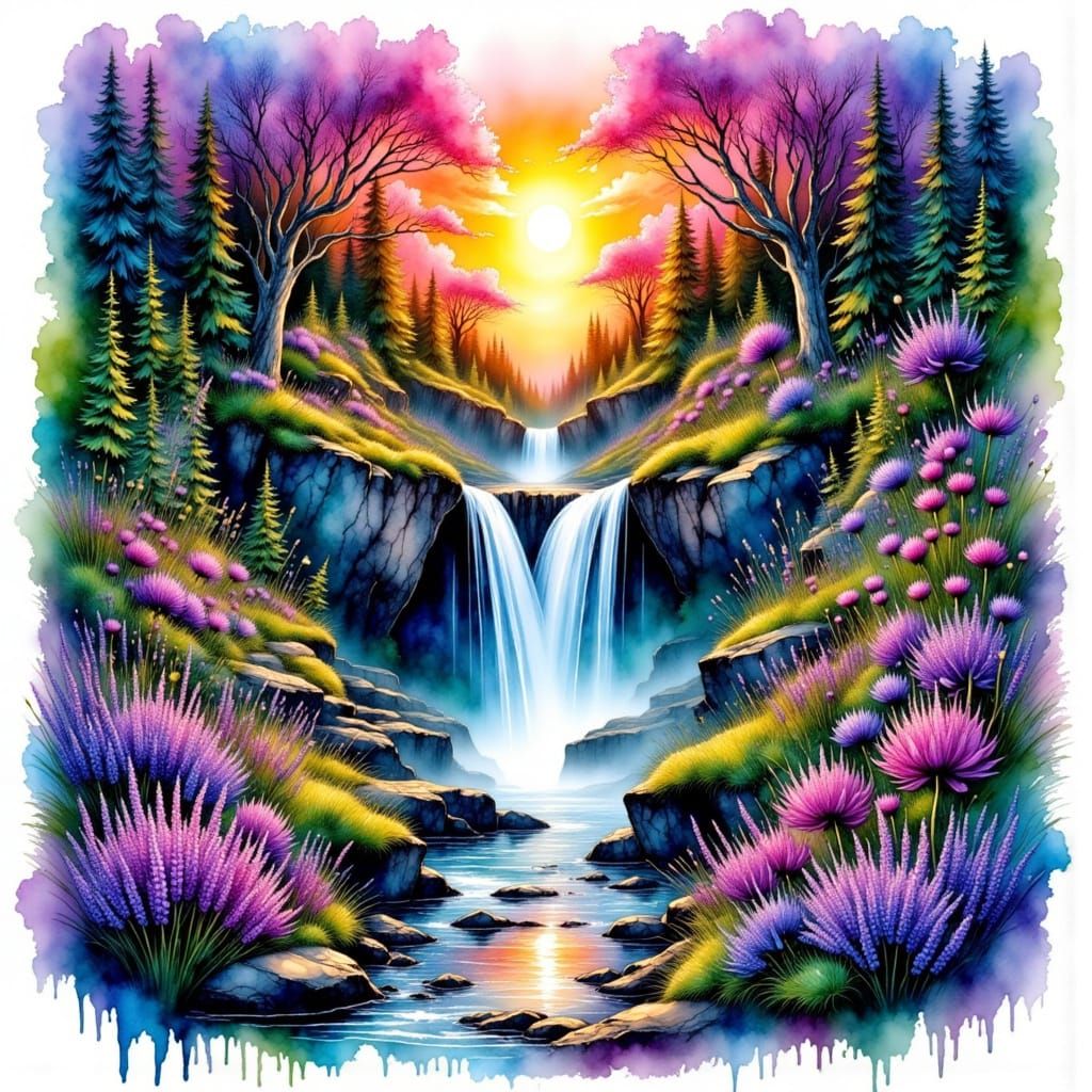 Ink-Detailed Sunset Forest with Waterfall and Purple Blooms