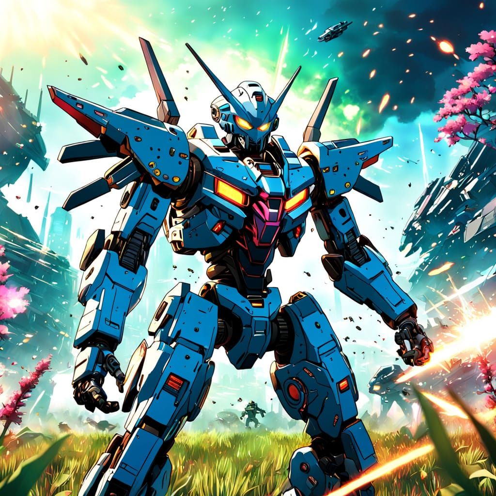 Intense Mecha Battle on Alien Planet in Anime Style