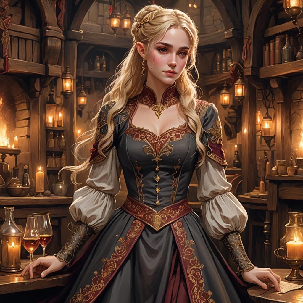 Half-Elf Bard Casting Spell in Tavern, Baroque Fantasy
