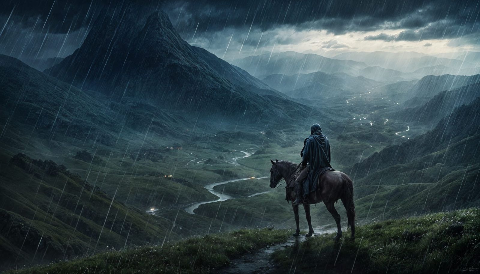 Sinister Medieval Rider in Rainy Landscape