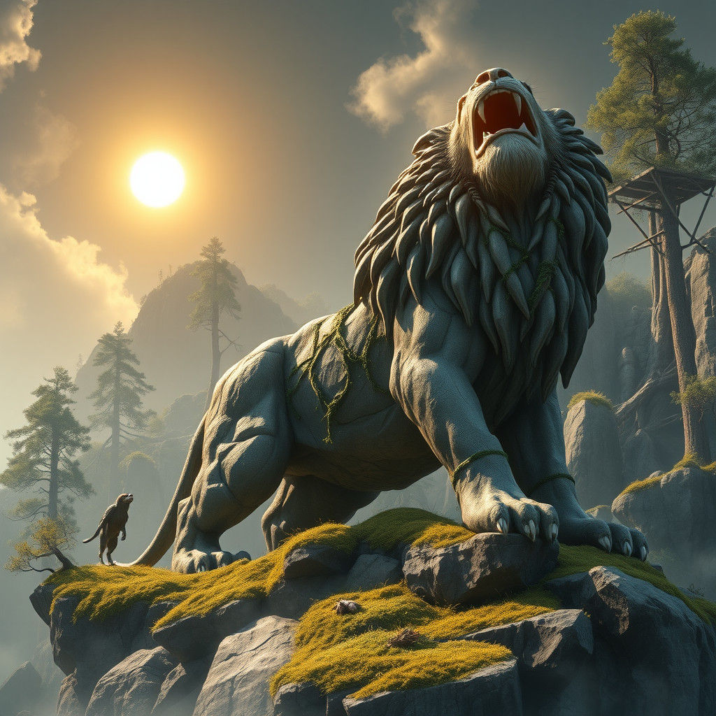 Majestic Stone Lion Roaring in a Mystical Landscape