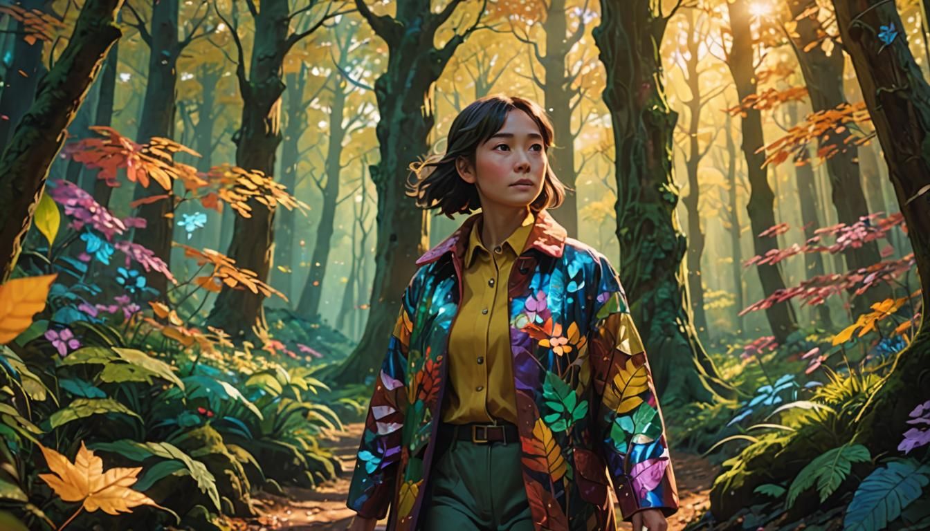 Woman in Iridescent Coat in Mystical Forest