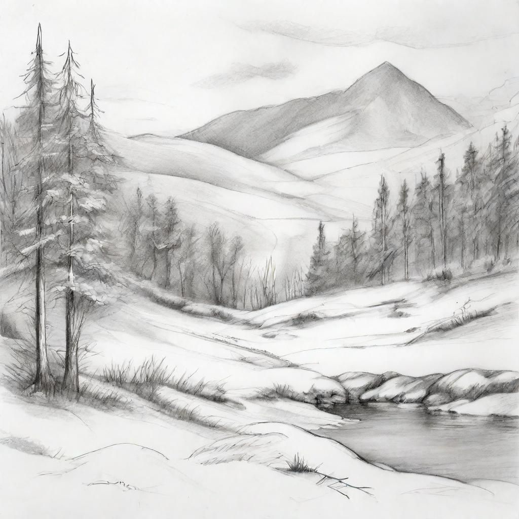 pencil sketch winter landscape
