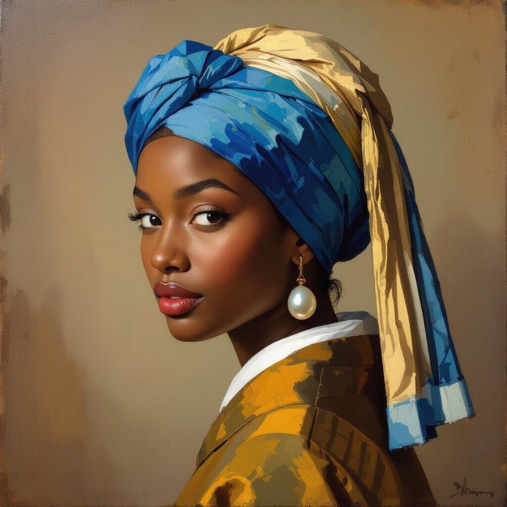 Black Woman with Pearl Earring in Impressionistic Style