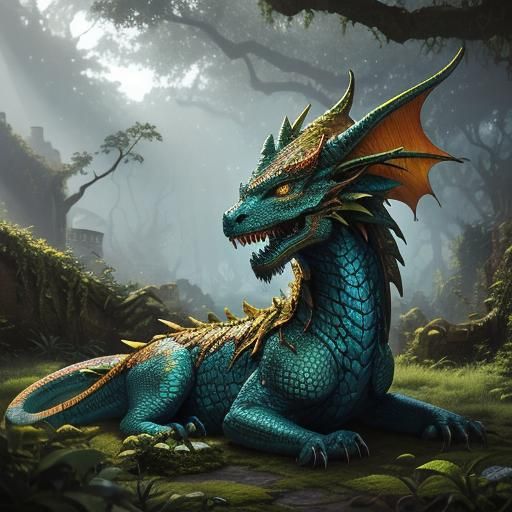 Mythical Dragon Head Amidst Ancient Ruins