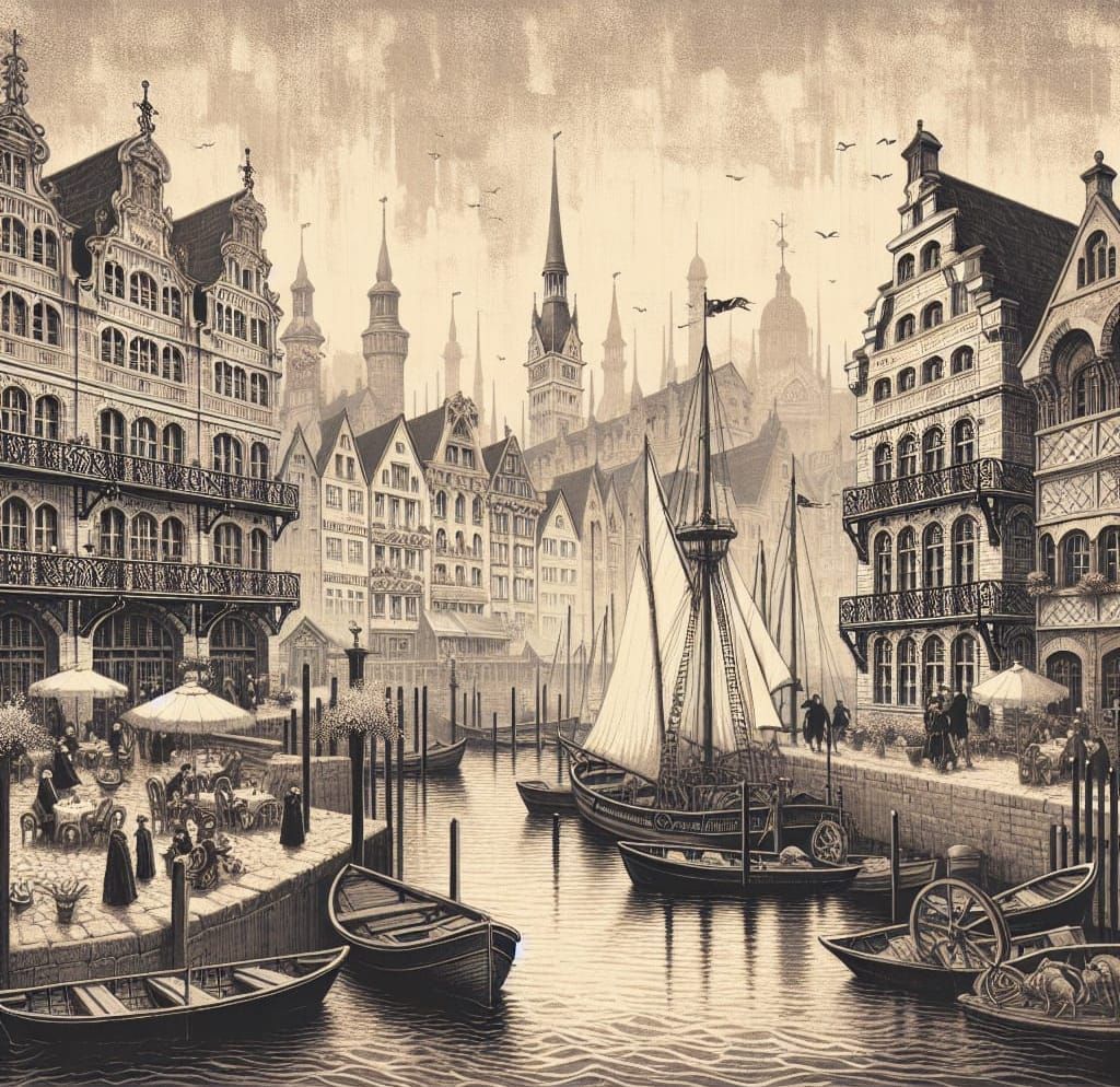 Vintage Harbour Scene as Intricate Lithograph
