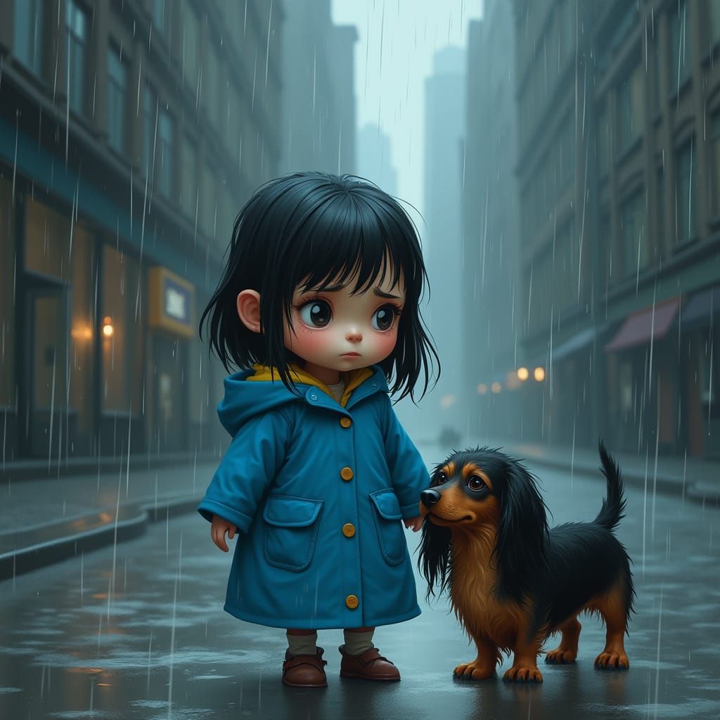 Melancholic Girl in Rainy City Streets