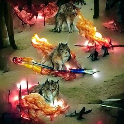 Wolf Surrounded by Flaming Swords: Fantasy Scene