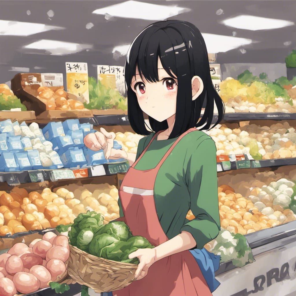 Anime Girl Buys Groceries at Supermarket