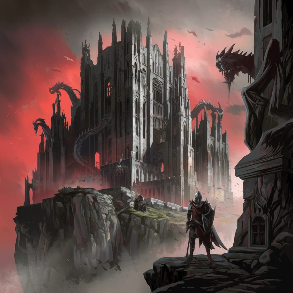 Colossal Gothic Cathedral with Lone Knight
