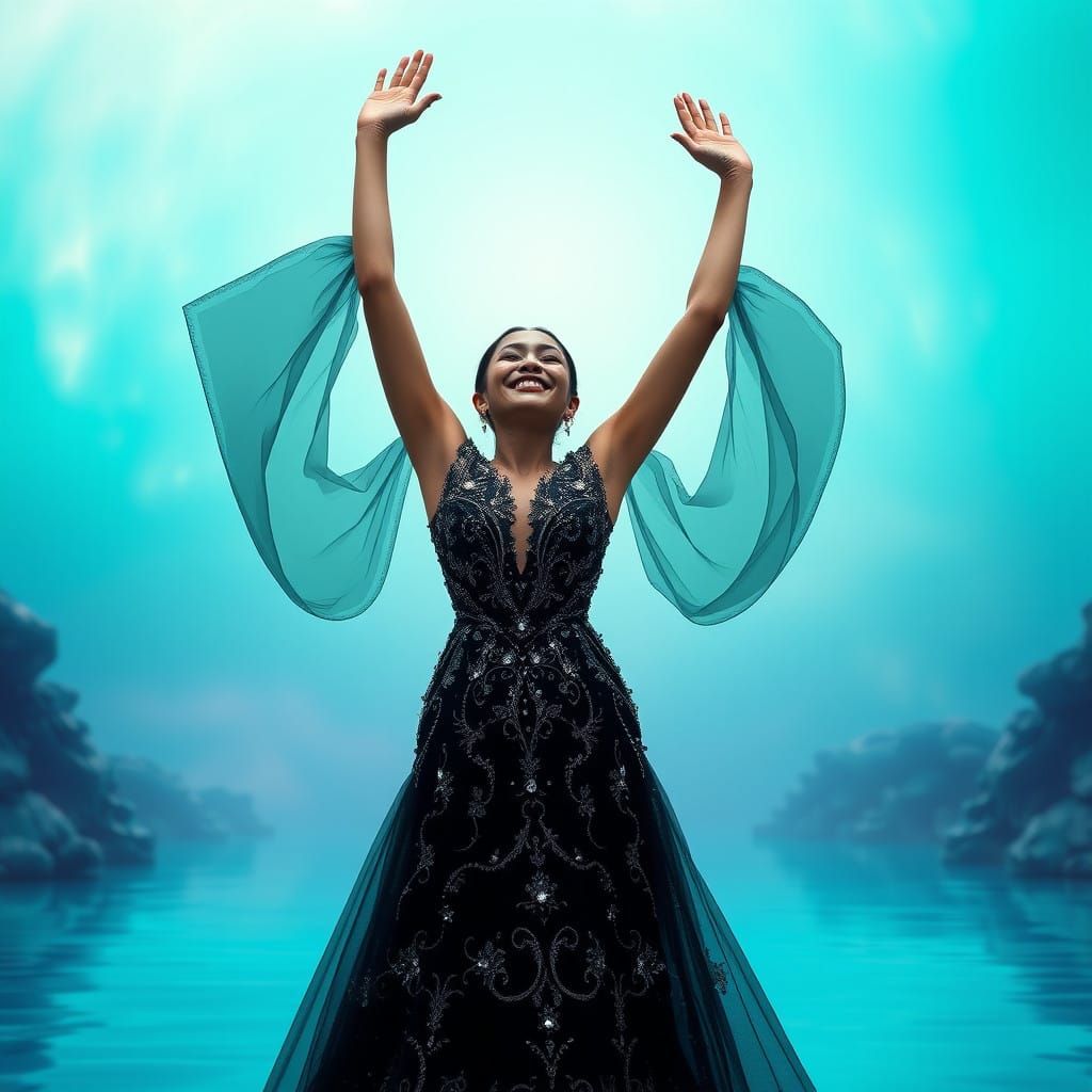 Regal Woman in Turquoise Fantasy Landscape