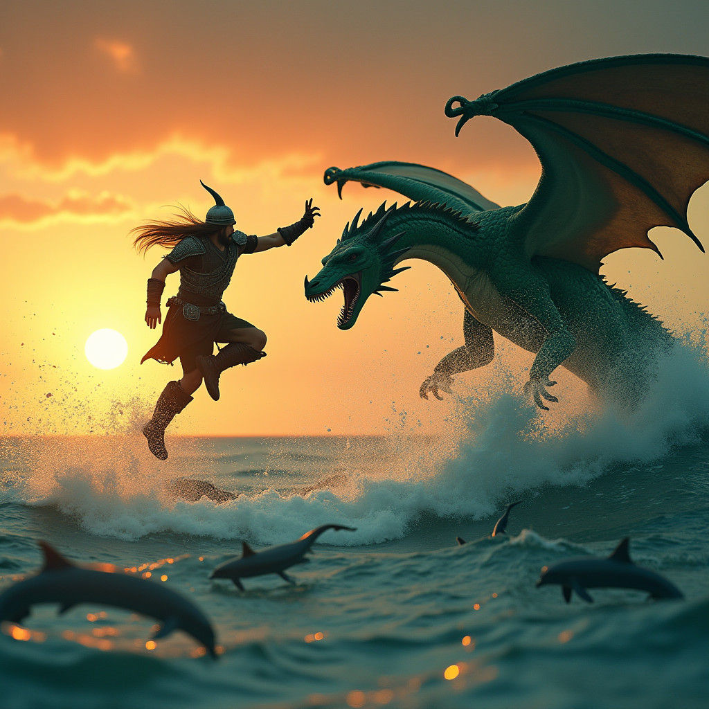 Viking Warrior vs Green Dragon at Sunset