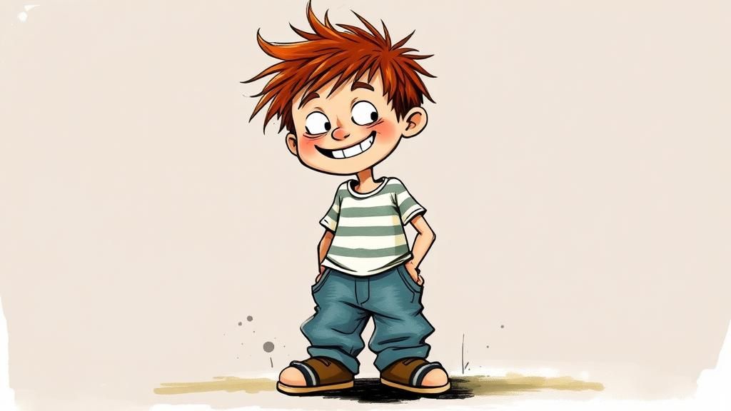 Mischievous Boy Illustration in Quentin Blake Style