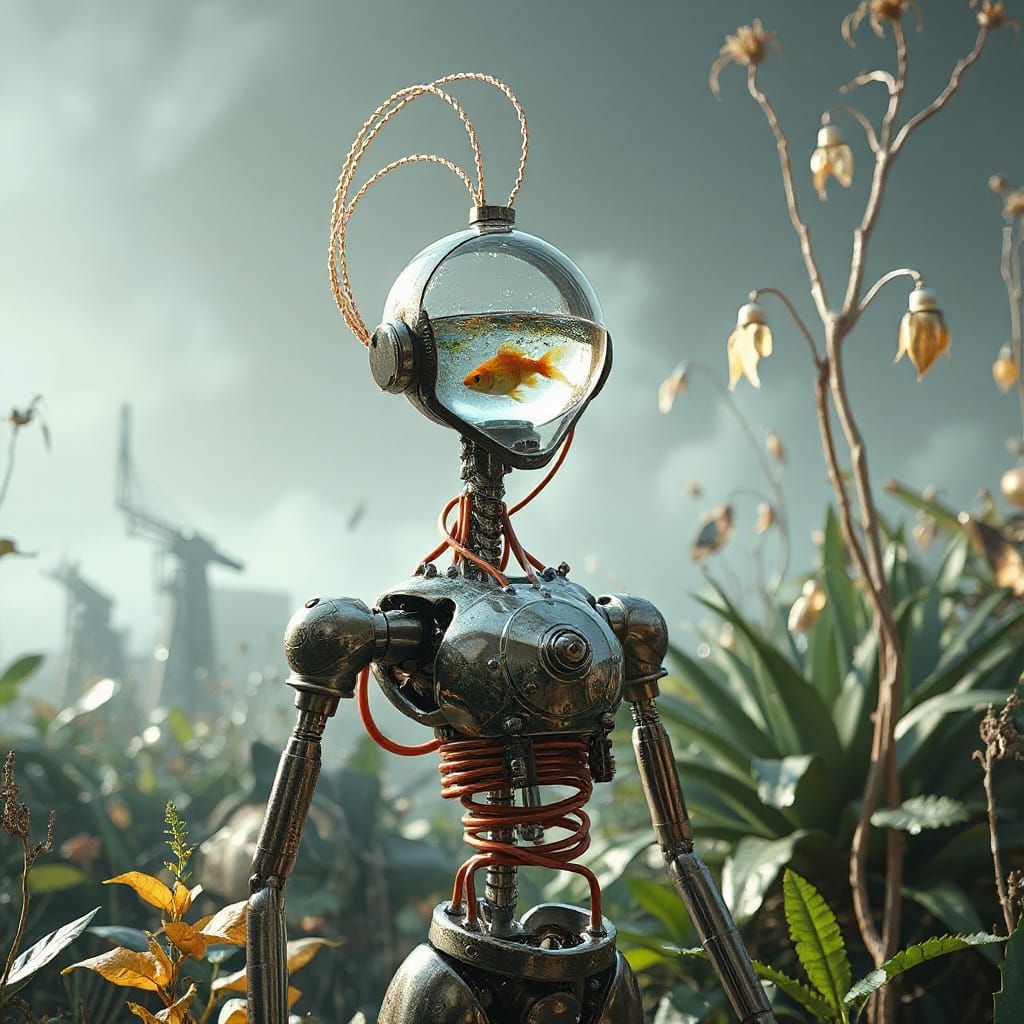 Futuristic Robot with Aquatic Head in Ethereal Garden