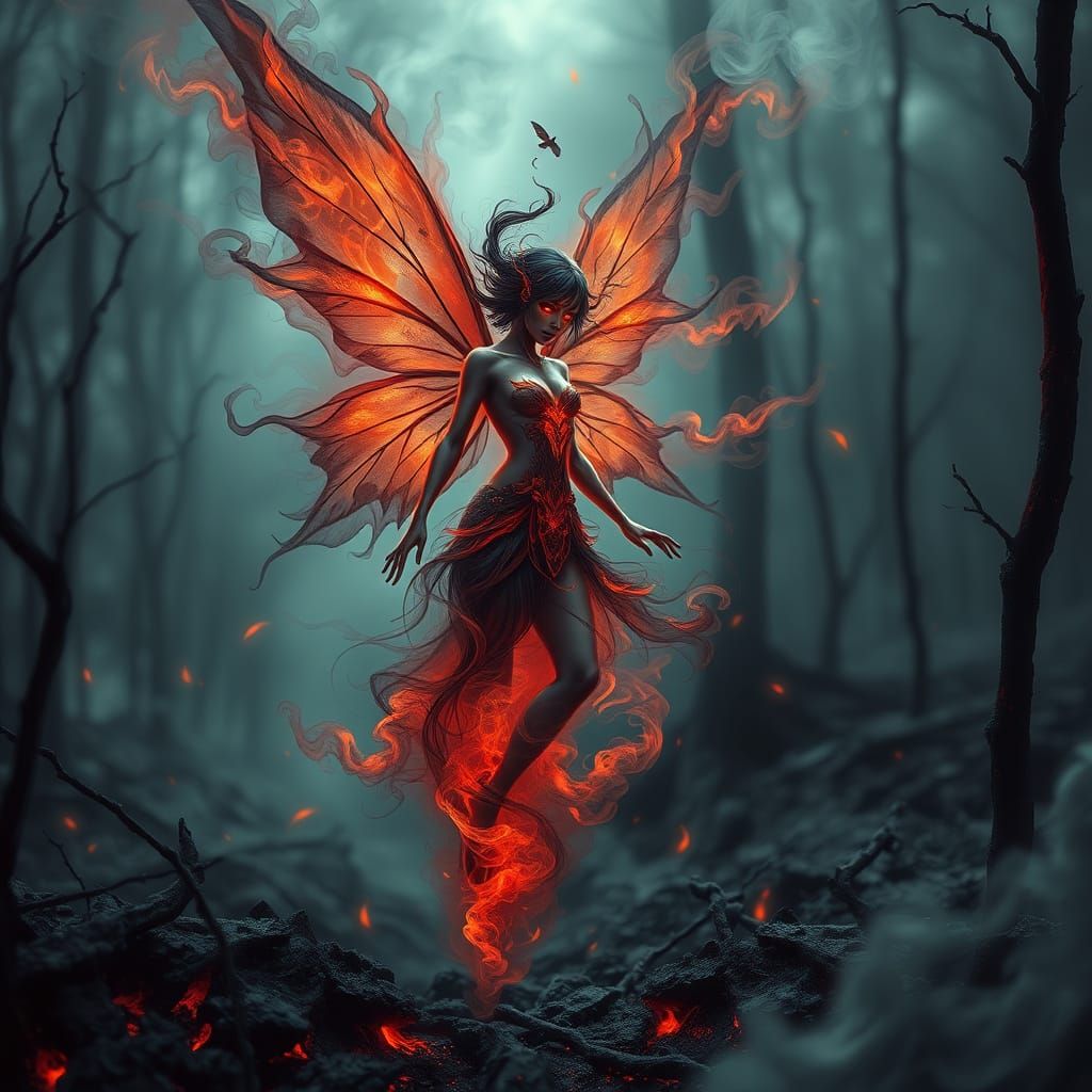 Ember Fairy in Charred Forest: Fantasy Art