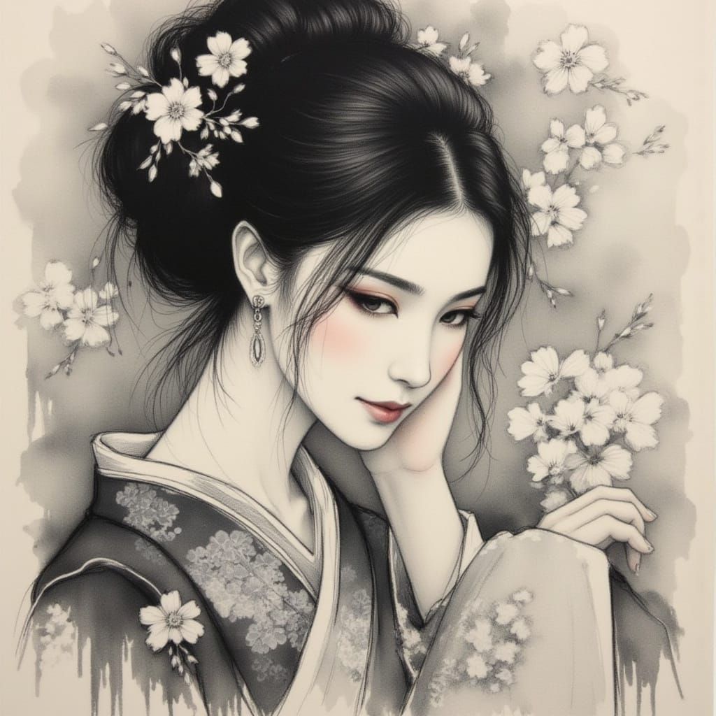 Elegant Japanese Woman in Sketch Style Illustration