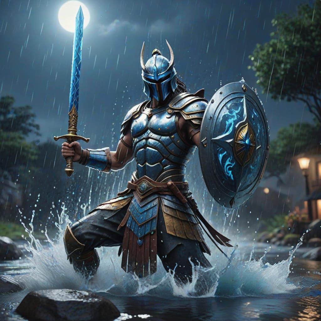 Water Warrior in Moonlit Rain