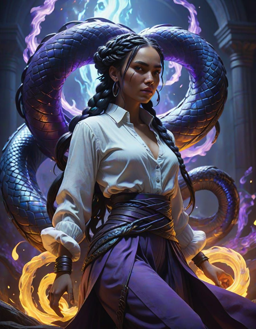 Dark Fantasy Serpent Embraces Teenage Girl in Lavish, Irides...