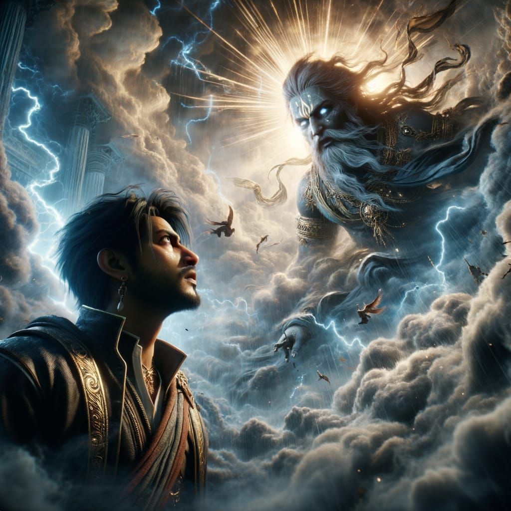 Epic Fantasy Scene: Warrior and Storm God in Digital Art