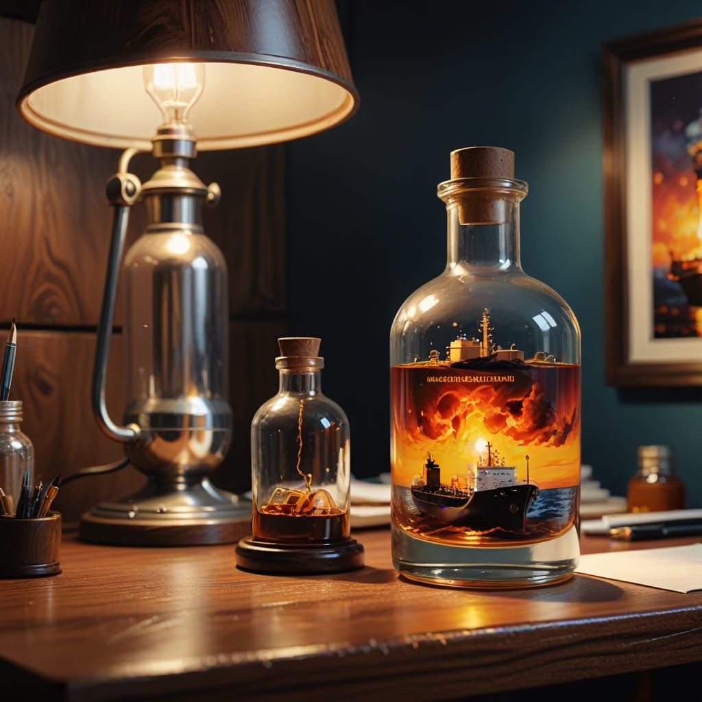 Modern oil tanker model in a bottle scene of office desk wor...