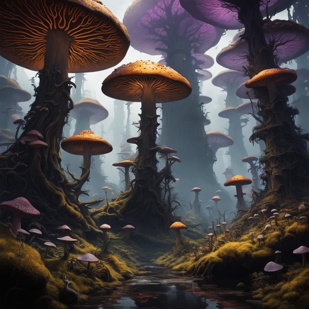 Ethereal Mushroom Metropolis Shines in Golden Light