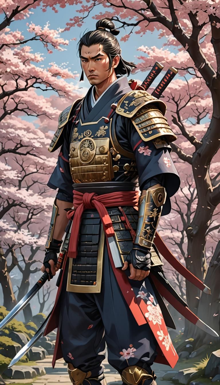 Korean Samurai Warrior in Anime Style with Cherry Blossoms