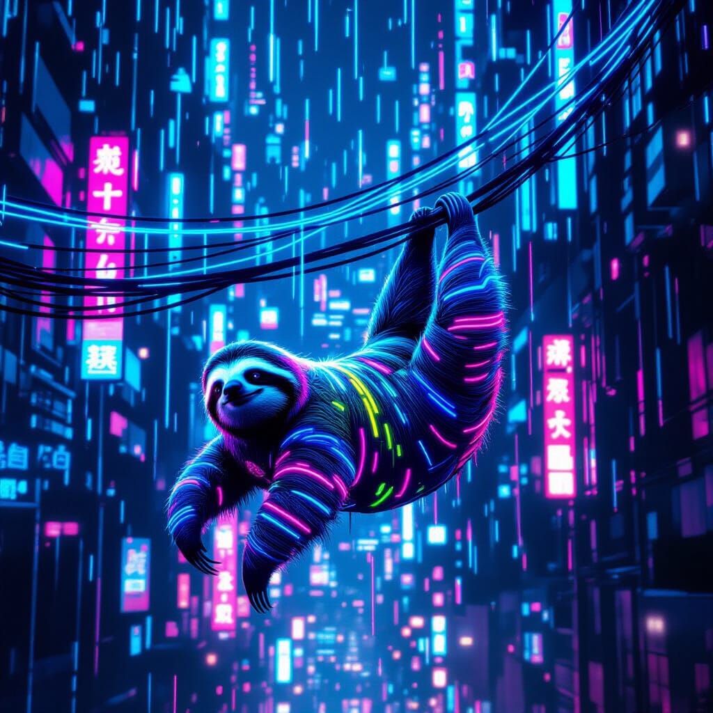Cyberpunk Sloth on Network Wires Above Neon City