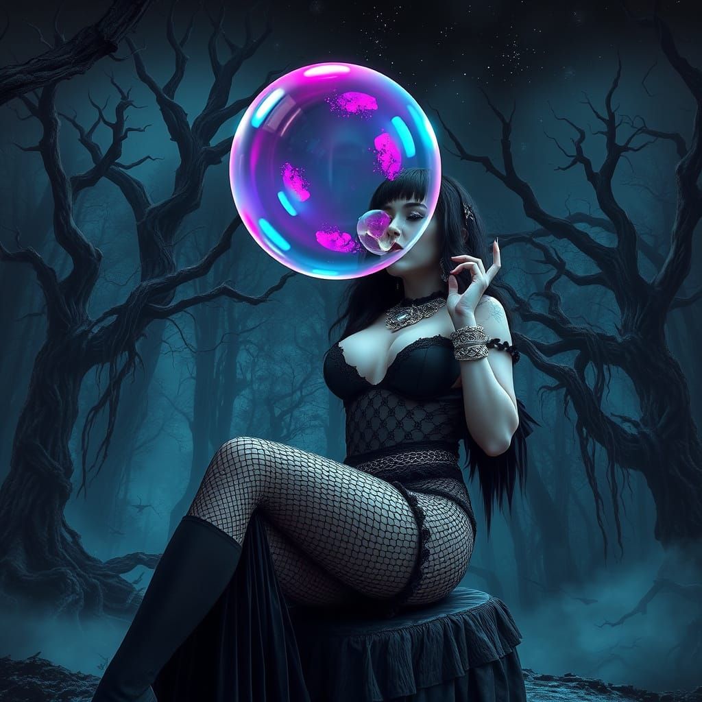 Goth Siren Blows Enchanted Bubble in Mystical Forest