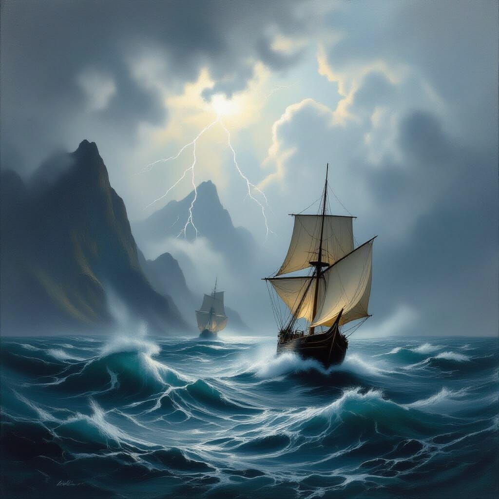 Stormy Seas Sailing Ship Battles Waves Near Mountain Landsca...