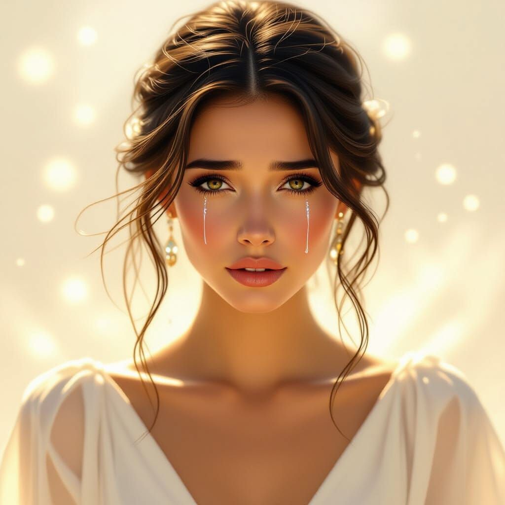 Ethereal Woman with Glistening Tears in Digital Painting Sty...