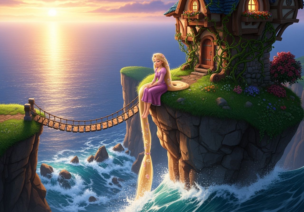 Rapunzel's Rustic Hut Above the Sea in Disney CGI Style