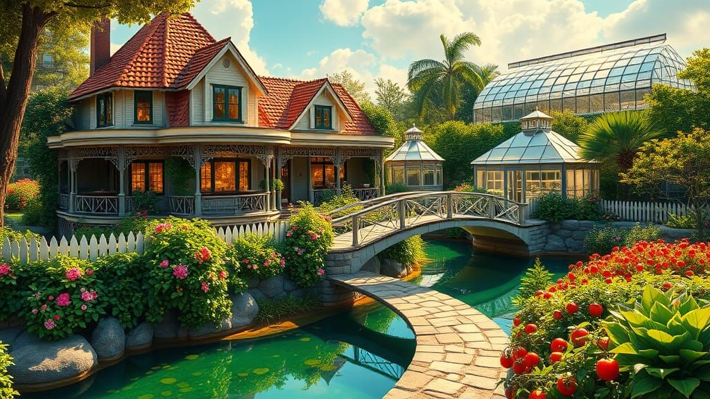 Victorian Mansion Surrounded by Lush Gardens and Vibrant Hyd...