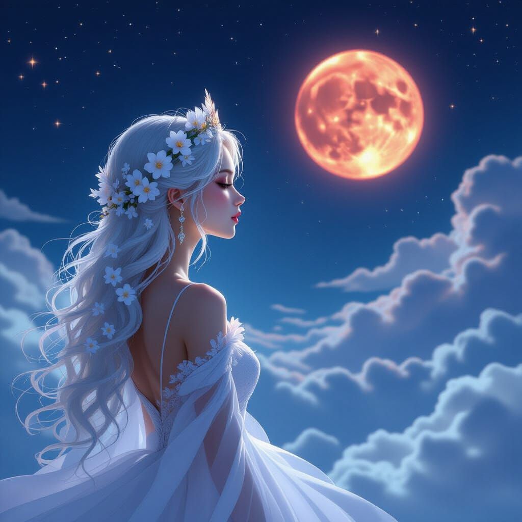 Ethereal Princess Gazing at Red Moon